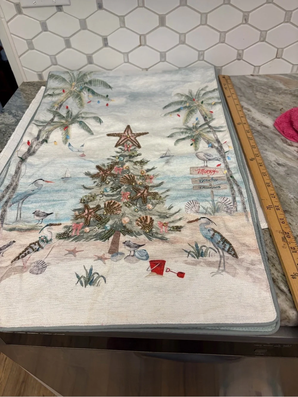 Coastal Christmas Beaded Table Runner 90 Inch Trees & Lights Coastal Collection